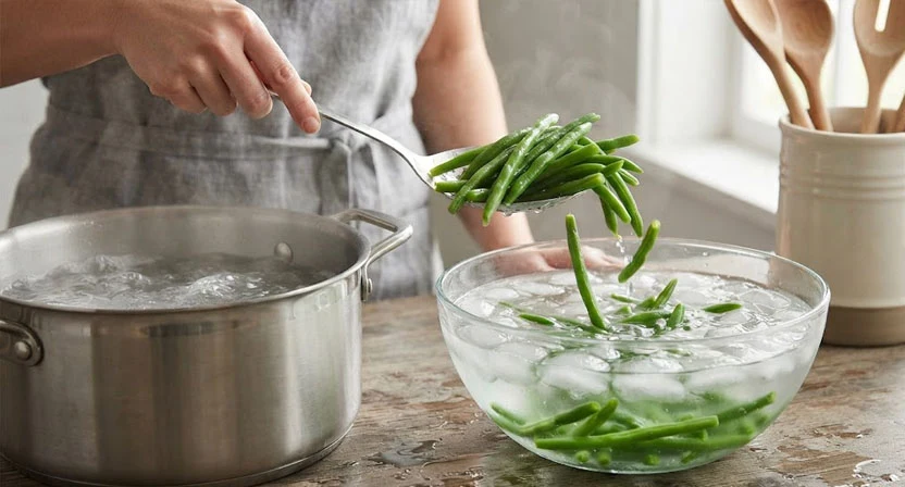 Grüne Bohnen werden mit einem Schaumlöffel aus kochendem Wasser direkt in eine Schüssel mit Eiswasser gegeben