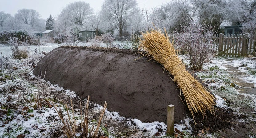 Eine längliche Erdmiete im winterlichen Garten mit sichtbarem Strohbüschel als Belüftung und einer glattgestrichenen Erdabdeckung