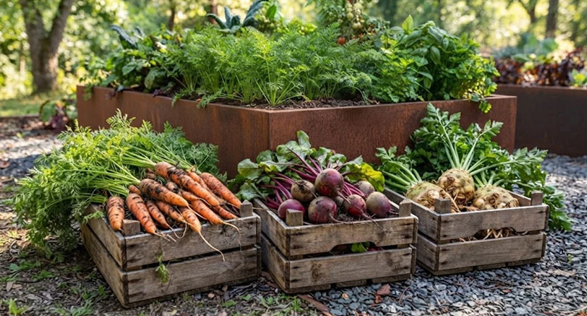 Frisch geerntete Möhren, Rote Bete und Sellerieknollen liegen in Holzkisten neben einem Cortenstahl-Hochbeet