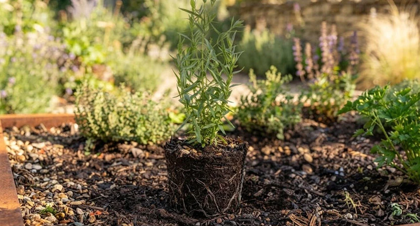 Eine vegetativ vermehrte Estragon-Jungpflanze mit Wurzelballen steht bereit zum Einpflanzen, daneben ein Etikett mit dem Hinweis Französischer Estragon