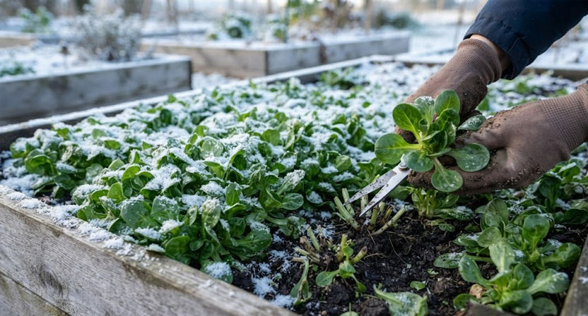 Dichte Feldsalatrosetten in einem Hochbeet, teilweise von einer dünnen Schneeschicht bedeckt, eine Hand schneidet eine Rosette knapp über der Erde ab