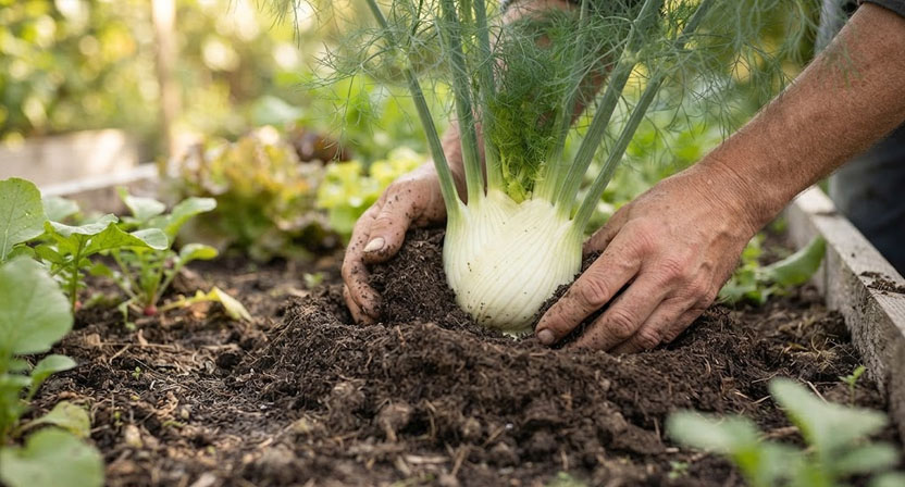Erde wird mit den Händen um die anschwellende weiße Knolle einer Fenchelpflanze in einem Hochbeet angehäufelt, der untere Teil wird bedeckt