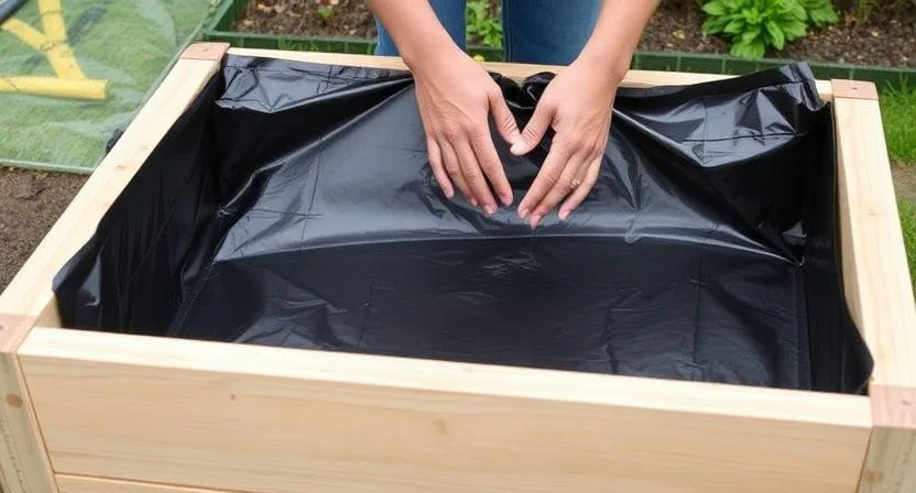 Hände, die vorsichtig das Innere eines hölzernen Hochbeets mit einer schwarzen Kunststofffolie auskleiden. Garten-Vorbereitung, Nahaufnahme der Hände und der Folie.
