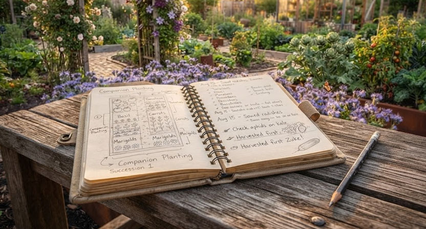 Ein aufgeschlagenes Gartenheft mit handschriftlichen Notizen und einer Beetskizze liegt neben einem Bleistift auf einer Holzbank