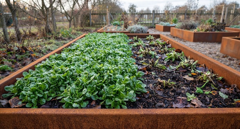 Dichte Rosetten von Feldsalat wachsen im Spätherbst in einem sonst abgeernteten Hochbeet
