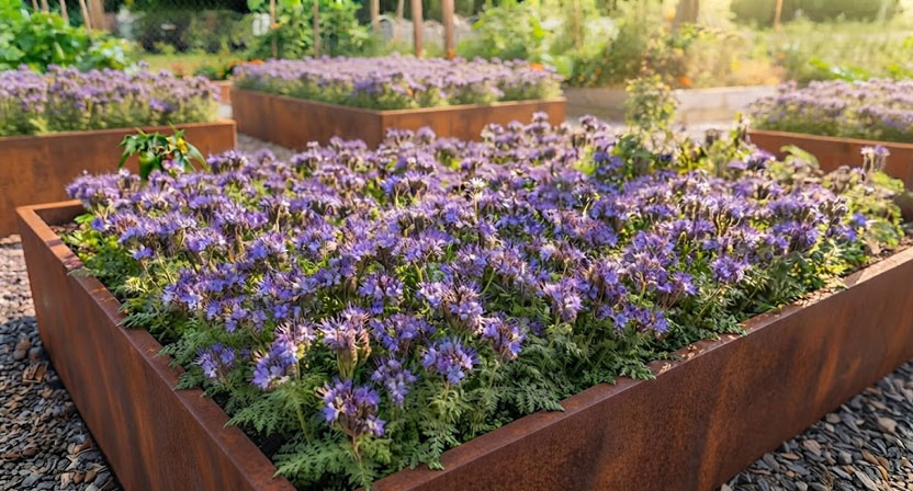 Blühende Phacelia mit violetten Blüten bedeckt im Spätsommer die gesamte Fläche eines Hochbeetes