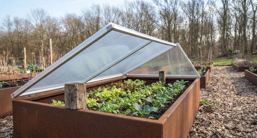 Eine durchsichtige Abdeckung auf einem Cortenstahl-Hochbeet im Frühjahr, mit einem Holzklotz an einer Ecke aufgestellt, sichtbare Kondensation am Glas