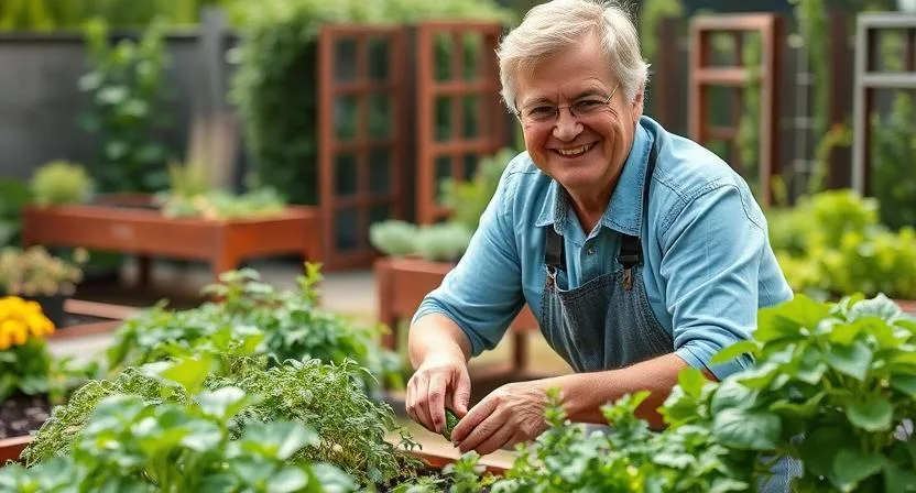 Ein glücklicher, mittelalter Gärtner pflegt sein Edelrost-Hochbeet, das mit Gemüse bepflanzt ist. Er lächelt zufrieden und wirkt stolz auf seinen Garten. Natürliches Tageslicht, mittlere Aufnahme, mit Fokus auf den Gärtner und das Hochbeet.