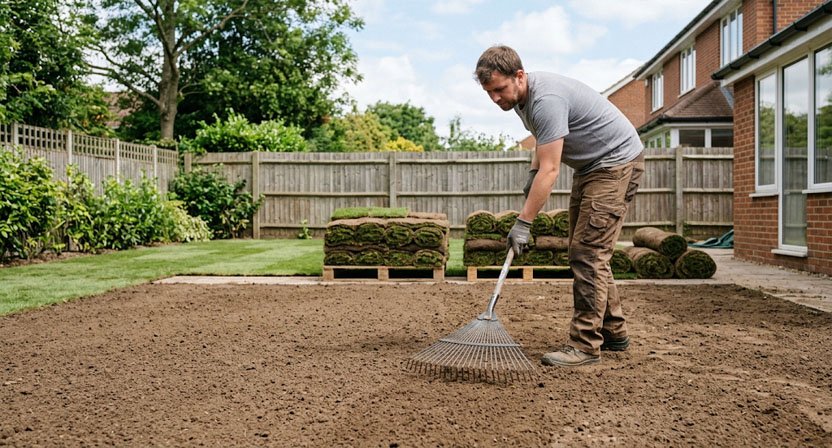 Person glättet mit einer Harke eine vorbereitete Gartenfläche für die spätere Rasenverlegung