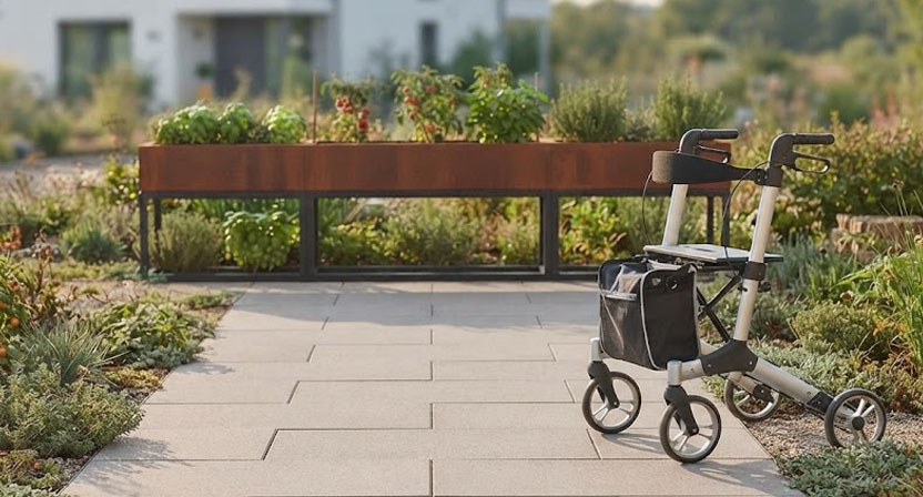 Ein glatt verlegter Pflasterweg mit schmalen Fugen führt geradlinig zu einer Reihe von Hochbeeten, ein Rollator steht am Wegrand