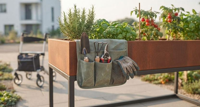 Kleines Gartenwerkzeug und Handschuhe liegen griffbereit in einer angehängten Tasche an der Kante eines Hochbeets