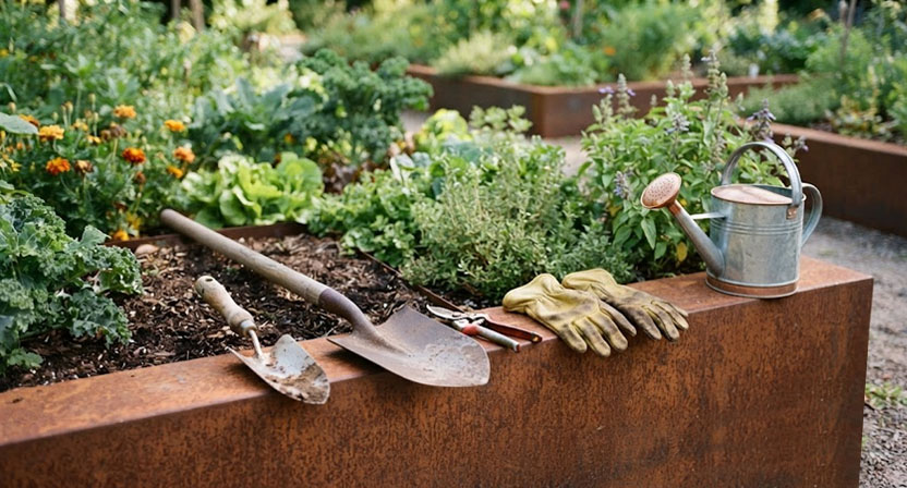 Gartengeräte wie Kelle, Spaten, Gartenschere, Handschuhe und Gießkanne ordentlich am Rand eines Hochbeets