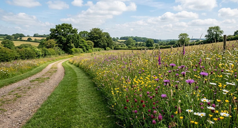 Ein kurz gemähter, ordentlicher Randstreifen führt entlang eines Weges an einer hoch stehenden, blühenden Wildblumenwiese vorbei