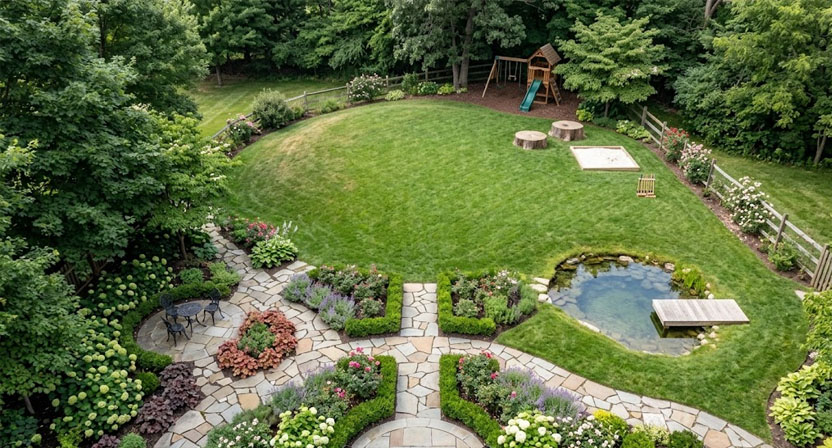 Ein Gartengrundstück von oben zeigt eine zusammenhängende Rasenfläche, die im vorderen Bereich als gepflegte Zierfläche und im hinteren Bereich als Spielwiese genutzt wird