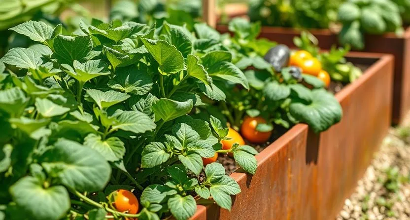 Üppiges, gesundes Gemüse wächst in einem gepflegten Hochbeet. Der Fokus liegt auf den leuchtenden Farben und den detaillierten Texturen der Pflanzen, eingefangen im sonnigen Tageslicht. Nahaufnahme.