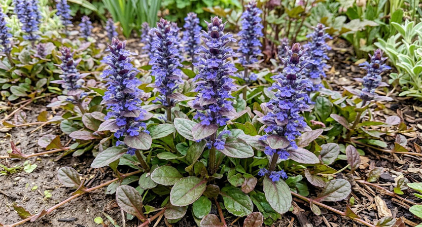 Kriechender Günsel mit aufrechten blau-violetten Blütenähren über einer Rosette länglich-ovaler, leicht rötlich überlaufener Blätter