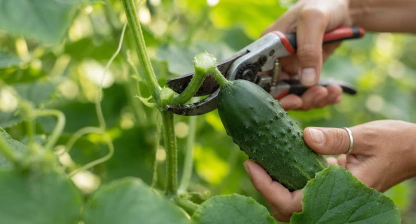 Eine Hand schneidet mit einer Gartenschere eine Gurke von der Ranke ab, ein kurzes Stück Stiel bleibt an der Frucht, die Schnittfläche frisch und feucht