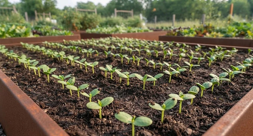 Junge Gurkenkeimlinge mit den ersten beiden Keimblättern wachsen in Reihen in der Erde eines Hochbeets
