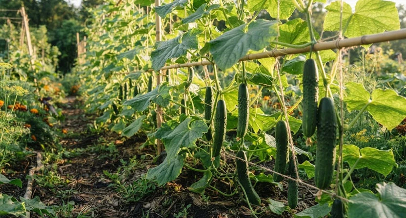 Gurkenpflanzen an einem Schnur-Rankgerüst im Gartenbeet hochgezogen, kräftiges gesundes Laub, mehrere gerade Früchte hängen frei über dem Boden