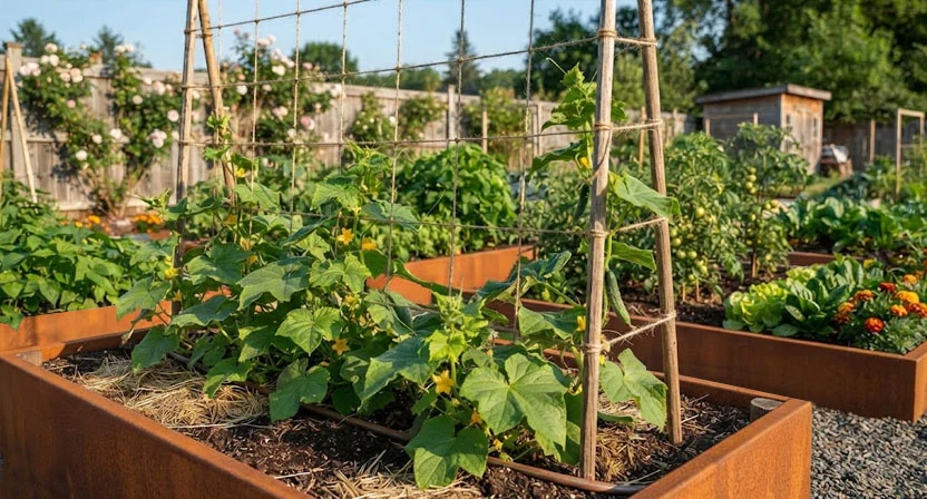 Ein Hochbeet mit mehreren Gurkenpflanzen, die an einer senkrechten Rankhilfe aus Stäben und Schnüren emporwachsen, im Hintergrund weitere bepflanzte Beete