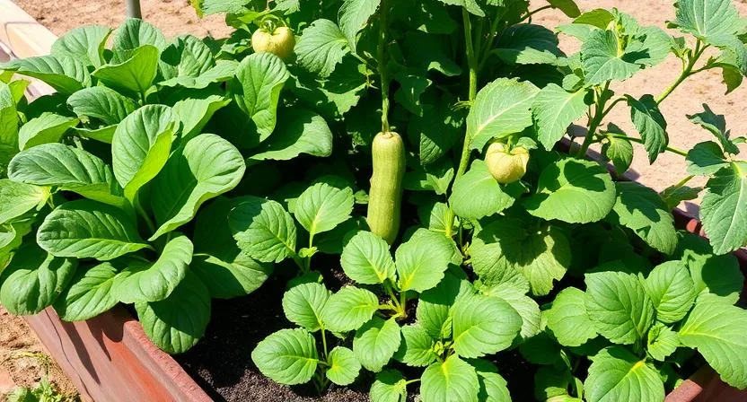 Ein Hochbeet aus Cortenstahl mit üppigen Spinatpflanzen, die jungen Radieschensetzlingen Schatten spenden, während Gurkenranken dazwischen emporwachsen. Integrierte Bepflanzung, effiziente Raumnutzung, sonniger Tag.