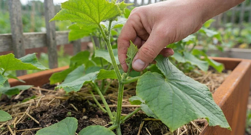 Eine Hand entfernt vorsichtig einen jungen Seitentrieb aus der Blattachsel einer Gurkenpflanze im Hochbeet