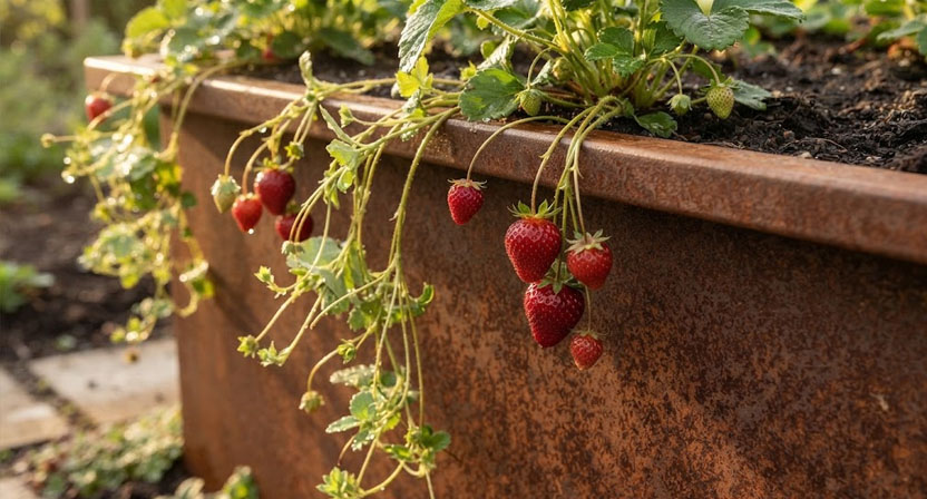 Erdbeerpflanzen am Rand eines Cortenstahl-Hochbeets, Ausläufer und reife rote Früchte hängen über die rostbraune Kante