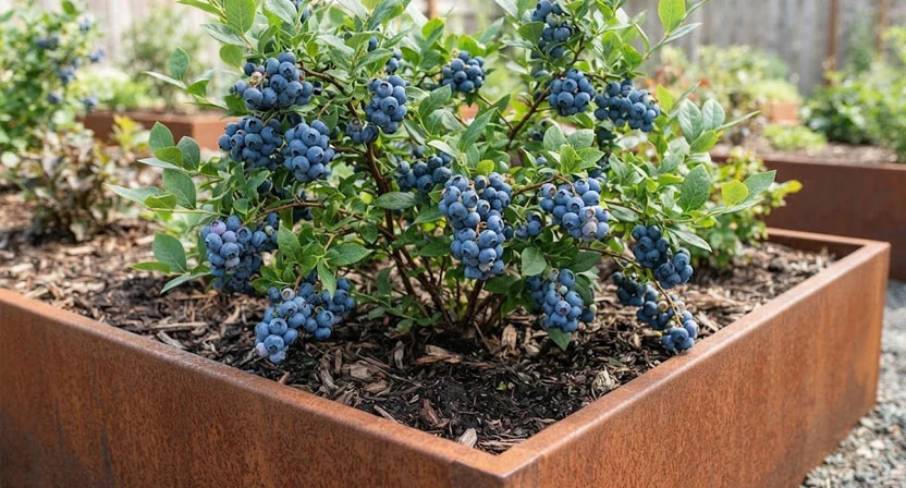Heidelbeerstrauch mit zahlreichen reifen blauen Beeren wächst in einem Hochbeet aus Cortenstahl