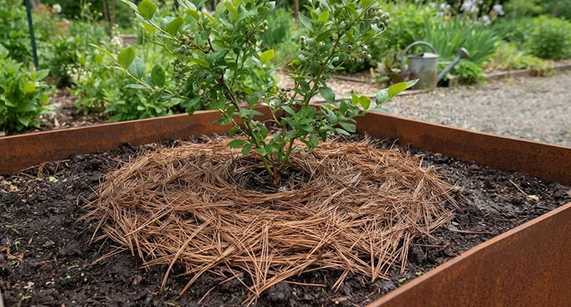 Braune Nadelstreu-Mulchschicht liegt gleichmäßig um den Wurzelbereich eines jungen Heidelbeerstrauchs im Hochbeet