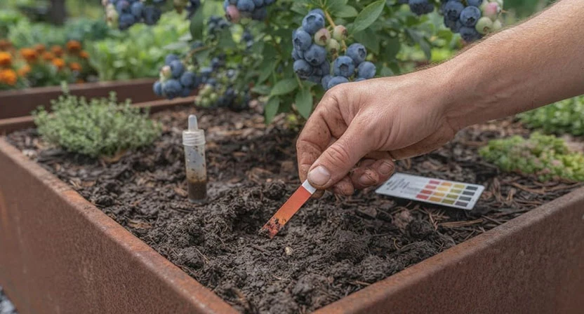 Hand hält einen pH-Teststreifen über feuchte, dunkle Erde in einem Hochbeet zur Kontrolle des Säuregrads