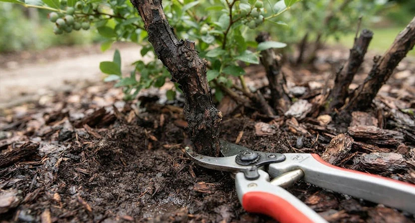 Gartenschere setzt an einem alten, dunklen Holztrieb eines Heidelbeerstrauchs zum bodennahen Rückschnitt an