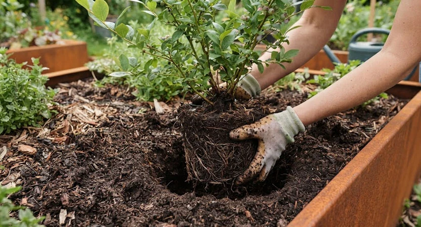Zwei Hände setzen einen Heidelbeerstrauch mit sichtbarem Wurzelballen in ein vorbereitetes Pflanzloch im Hochbeet