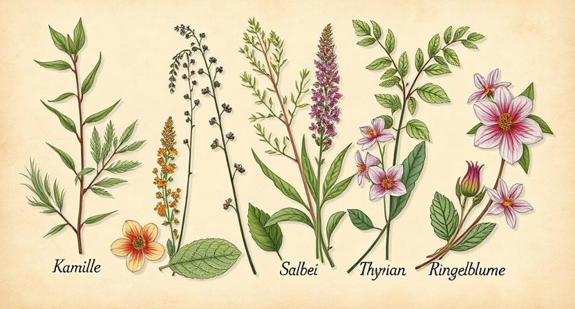 Botanischer Stil, detaillierte Illustrationscollage verschiedener Heilkräuter, darunter Kamille, Salbei, Thymian und Ringelblume, jedes mit Etiketten, die ihre Namen und gängigen medizinischen Anwendungen anzeigen. Das Ganze ist vor einem Hintergrund aus Pergamentpapier angeordnet.