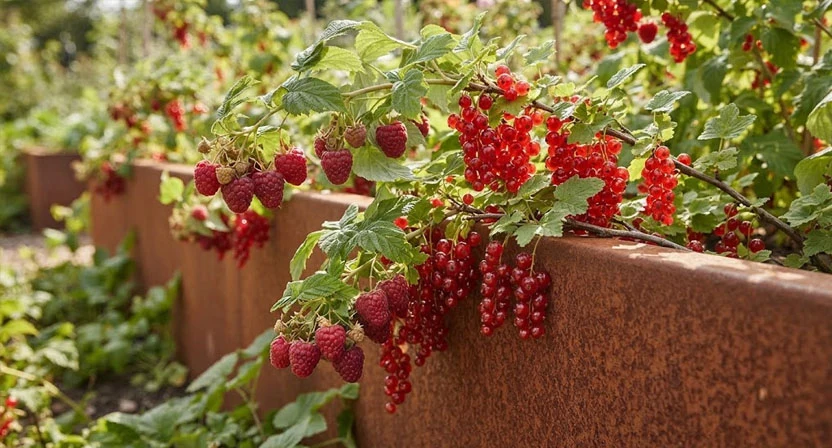 Reife rote Himbeeren und rote Johannisbeeren hängen dicht an Ruten und Rispen über der Kante eines Hochbeets aus Cortenstahl