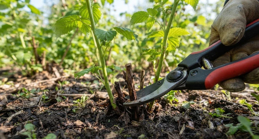 Eine Handschere schneidet eine abgetragene Himbeerrute direkt über dem Boden ab, daneben stehen frische grüne Ruten