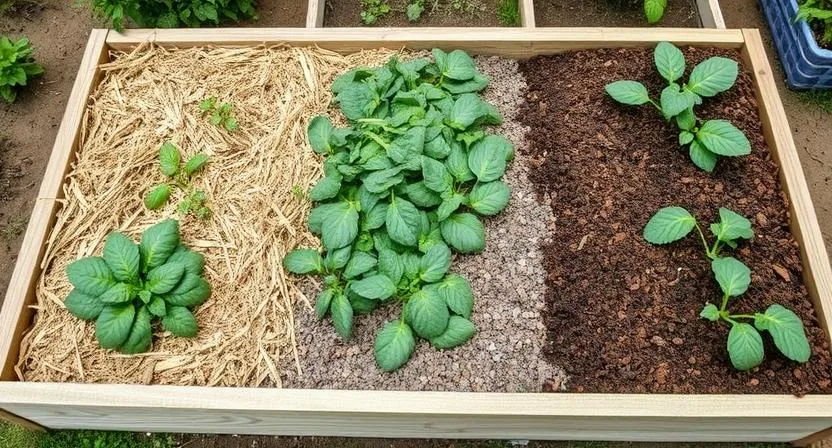 Ein Hochbeet mit verschiedenen Abschnitten, die unterschiedliche Mulcharten zeigen: Stroh, Grasschnitt und Kompost. In jedem Abschnitt wachsen gesunde Gemüsepflanzen.