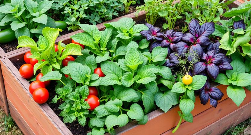 Ein lebendiges Hochbeet, das eine Mischung aus verschiedenen Gemüsesorten und Kräutern zeigt, die gesund zusammen wachsen. Veranschaulichung des Konzepts der vielfältigen Bepflanzung in einem Hochbeet.
