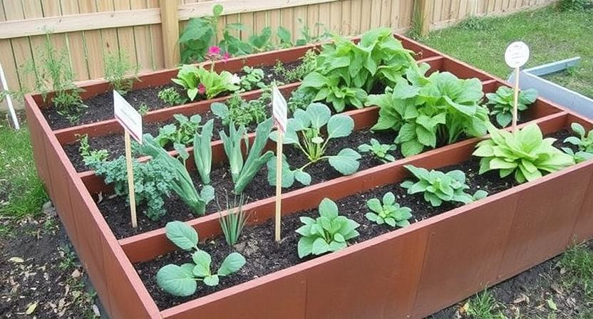 Ein Hochbeet, das in verschiedene Abschnitte unterteilt ist, wobei in jedem Abschnitt unterschiedliche Gemüsesorten wachsen. Kleine Schilder kennzeichnen möglicherweise die jeweilige Pflanzenart und deuten auf einen Fruchtwechselplan hin.