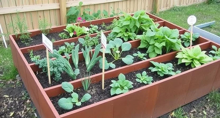 Ein Hochbeet, das in verschiedene Abschnitte unterteilt ist, wobei in jedem Abschnitt unterschiedliche Gemüsesorten wachsen. Kleine Schilder kennzeichnen möglicherweise die jeweilige Pflanzenart und deuten auf einen Fruchtwechselplan hin.