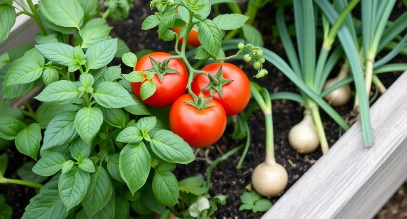 Ein Hochbeet mit Tomaten, Basilikum und Zwiebeln, die in enger Nachbarschaft gepflanzt sind und das Prinzip der Mischkultur veranschaulichen. Gesunde Blätter und heranwachsende Gemüsepflanzen sind sichtbar.