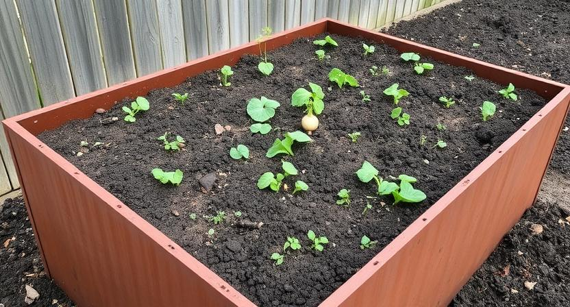 Ein erhöhtes Corten Stahl Gartenbeet Mitte April, in dem verschiedene Samen direkt in die Erde gesät werden (Karotten, Radieschen, Erbsen) und einige kleine Setzlinge gepflanzt werden. Zeigt aktive Frühlingspflanzung.