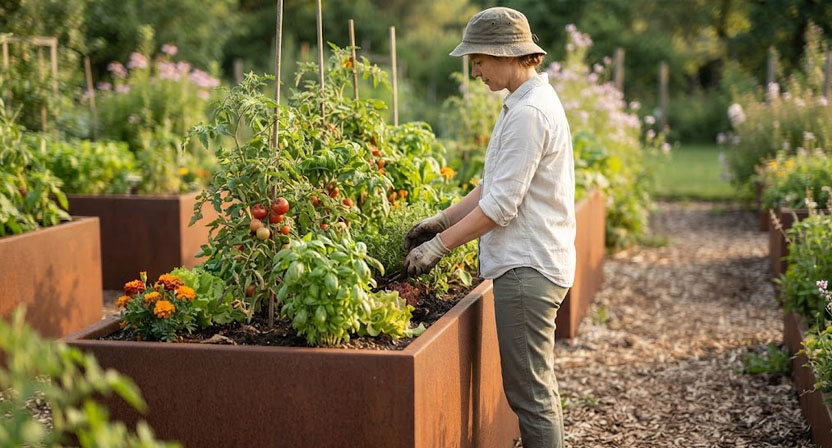 Eine Person steht vollkommen aufrecht an einem Cortenstahl-Hochbeet und arbeitet in Hüfthöhe zwischen den Pflanzen, der Rücken gerade, kein Bücken nötig