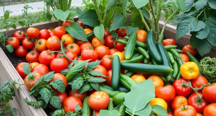 Ein erhöhtes Gartenbeet im späten Sommer (August), überfüllt mit reifen Tomaten, Gurken, Paprika und anderen Sommergemüsen, die zur Ernte bereit sind. Zeigt die Höchstproduktivität.