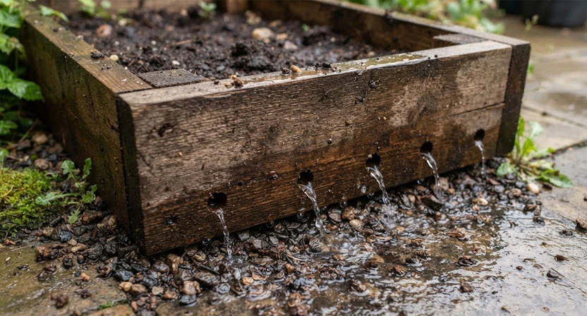 Nahaufnahme des Bodens eines Hochbeets mit mehreren Abzugslöchern, durch die überschüssiges Gießwasser abläuft