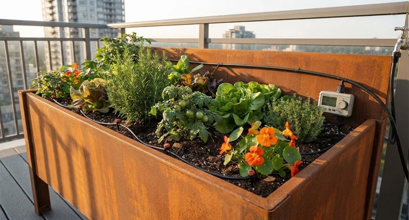 Ein Tropfschlauch mit Zeitschaltuhr versorgt ein Hochbeet auf dem Balkon während der Abwesenheit der Bewohner mit Wasser