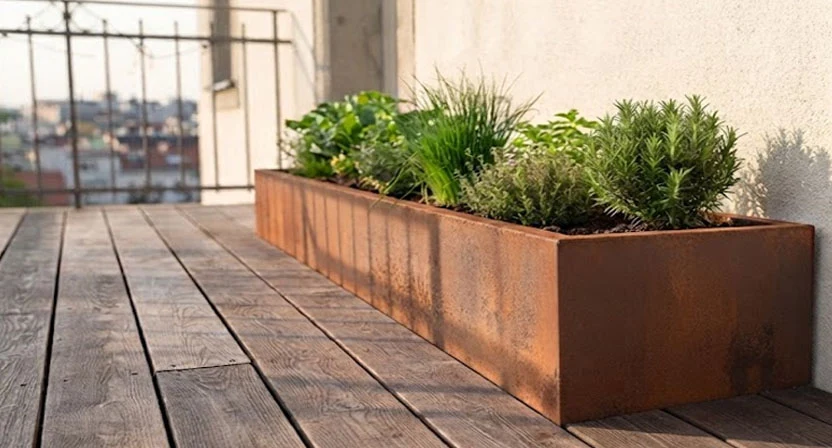 Ein schmales Hochbeet steht platzsparend entlang der Fassade eines Balkons, nah an der tragenden Wand