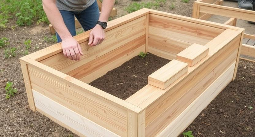 Eine Person baut ein Hochbeet, indem sie Holzplanken zusammenfügt oder Bausteine stapelt, und zeigt den Aufbau des Beets.