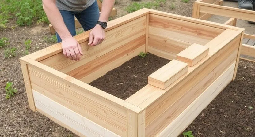 Eine Person baut ein Hochbeet, indem sie Holzplanken zusammenfügt oder Bausteine stapelt, und zeigt den Aufbau des Beets.