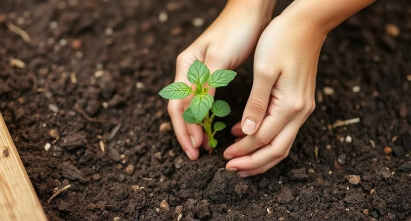 Hände, die vorsichtig eine kleine Gemüsepflanze in die Erde eines erhöhten Gartenbeets setzen. Fokus auf den Pflanzprozess und die Erde.