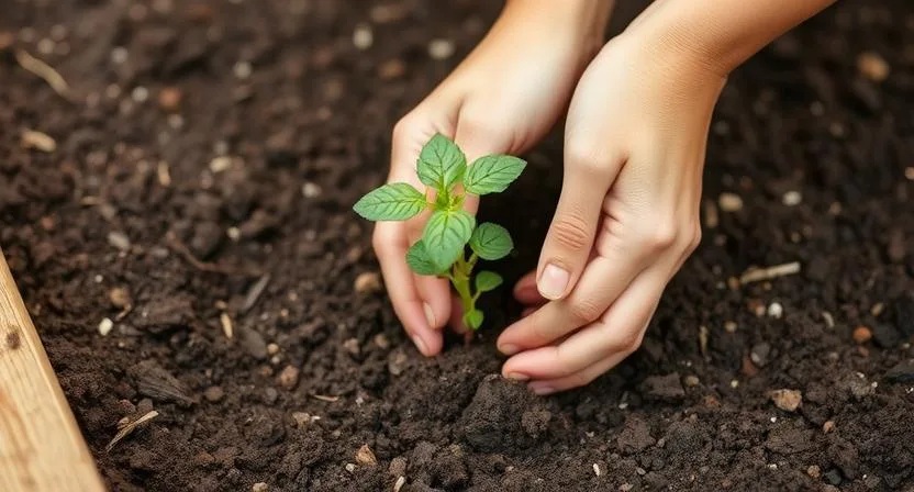 Hände, die vorsichtig eine kleine Gemüsepflanze in die Erde eines erhöhten Gartenbeets setzen. Fokus auf den Pflanzprozess und die Erde.